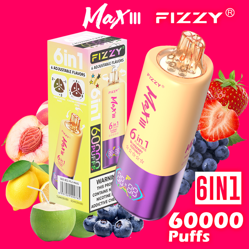 fizzy-vape.net Fizzy Max III 6in1 60K 60000 Puffs Rechargeable Disposable Vape – Strawberry Grape & Blueberry Coconut & Peach Lemon – 10pcs