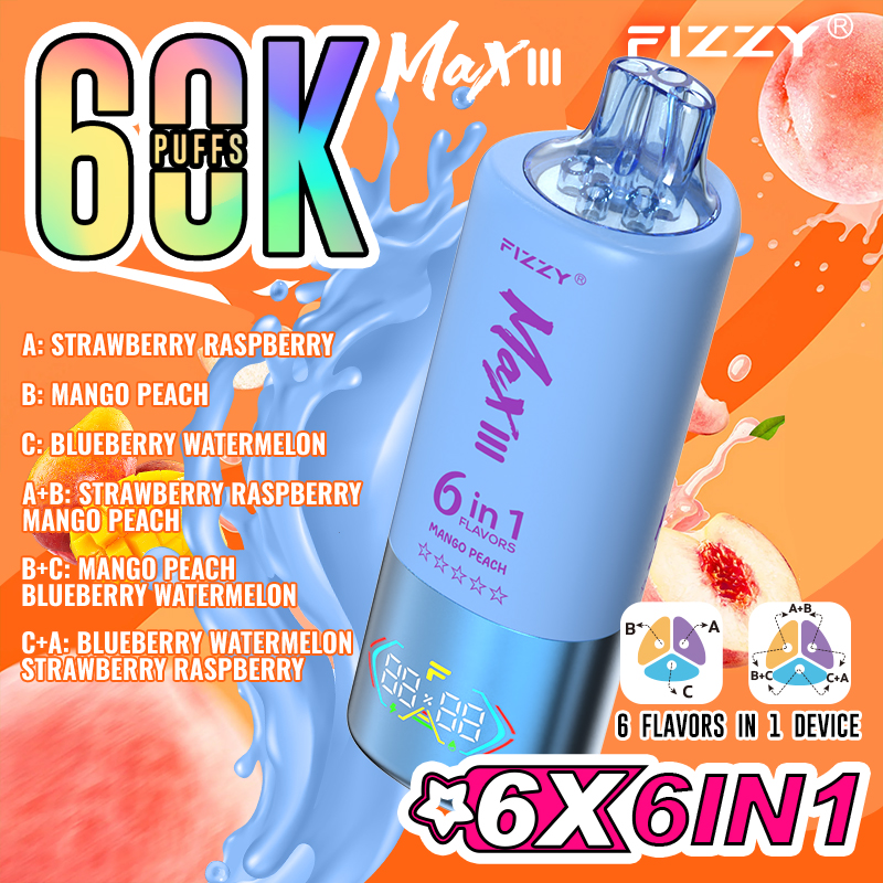 fizzy-vape.net Fizzy Max III 6in1 60K 60000 Puffs Rechargeable Disposable Vape – Strawberry Raspberry & Mango Peach & Blueberry Watermelon – 10pcs