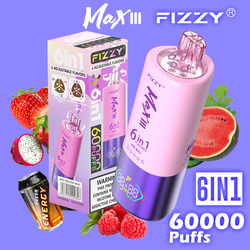 fizzy-vape.net Fizzy Max III 6in1 60K 60000 Puffs Rechargeable Disposable Vape – Strawberry Dragon Fruit & Red Bull & Raspberry Watermelon – 10pcs