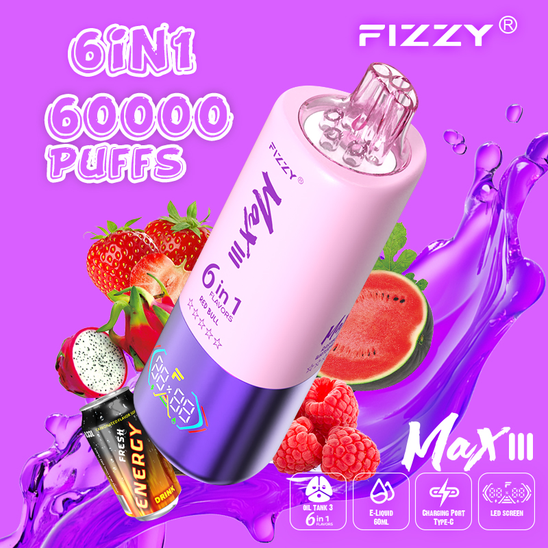 fizzy-vape.net Fizzy Max III 6in1 60K 60000 Puffs Rechargeable Disposable Vape – Strawberry Dragon Fruit & Red Bull & Raspberry Watermelon – 10pcs