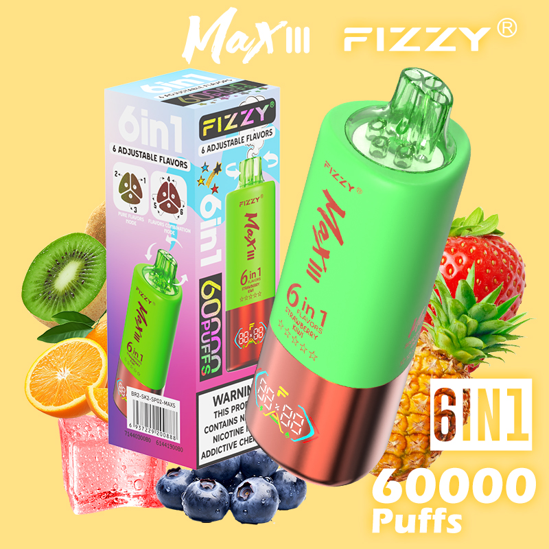 fizzy-vape.net Fizzy Max III 6in1 60K 60000 Puffs Rechargeable Disposable Vape – Blue Razz Ice & Strawberry Kiwi & Sour Pineapple Orange – 10pcs