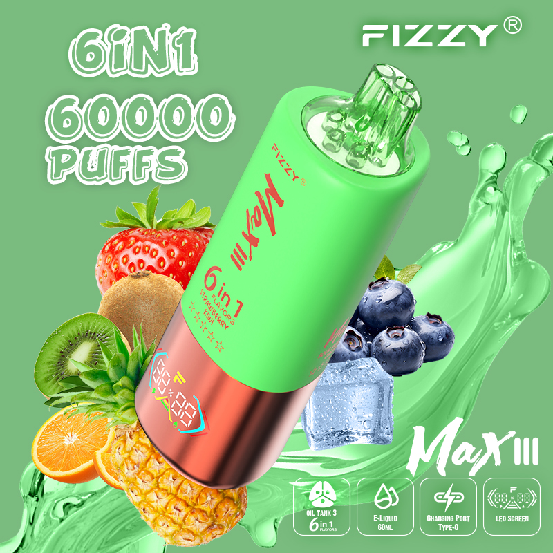 fizzy-vape.net Fizzy Max III 6in1 60K 60000 Puffs Rechargeable Disposable Vape – Blue Razz Ice & Strawberry Kiwi & Sour Pineapple Orange – 10pcs