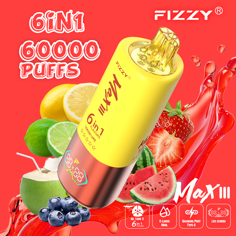 fizzy-vape.net Fizzy Max III 6in1 60K 60000 Puffs Rechargeable Disposable Vape – Strawberry Watermelon & Lemon Lime & Blueberry Coconut – 10pcs