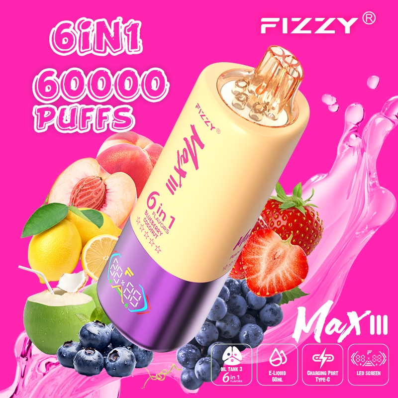fizzy-vape.net Fizzy Max III 6in1 60K 60000 Puffs Rechargeable Disposable Vape – Strawberry Grape & Blueberry Coconut & Peach Lemon – 10pcs