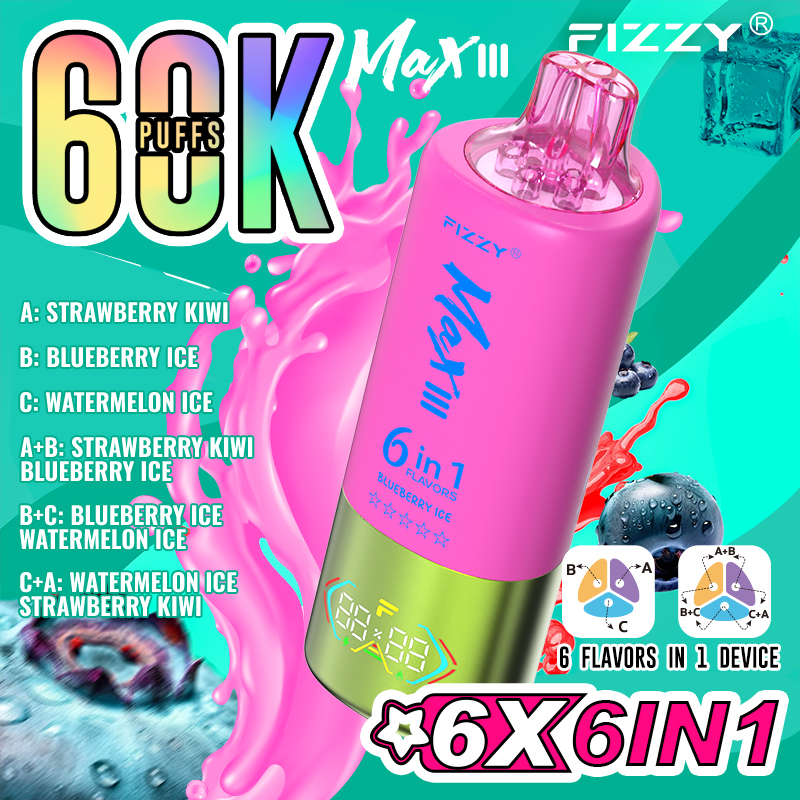 fizzy-vape.net Fizzy Max III 6in1 60K 60000 Puffs Rechargeable Disposable Vape – Strawberry Kiwi & Blueberry Ice & Watermelon Ice – 10pcs