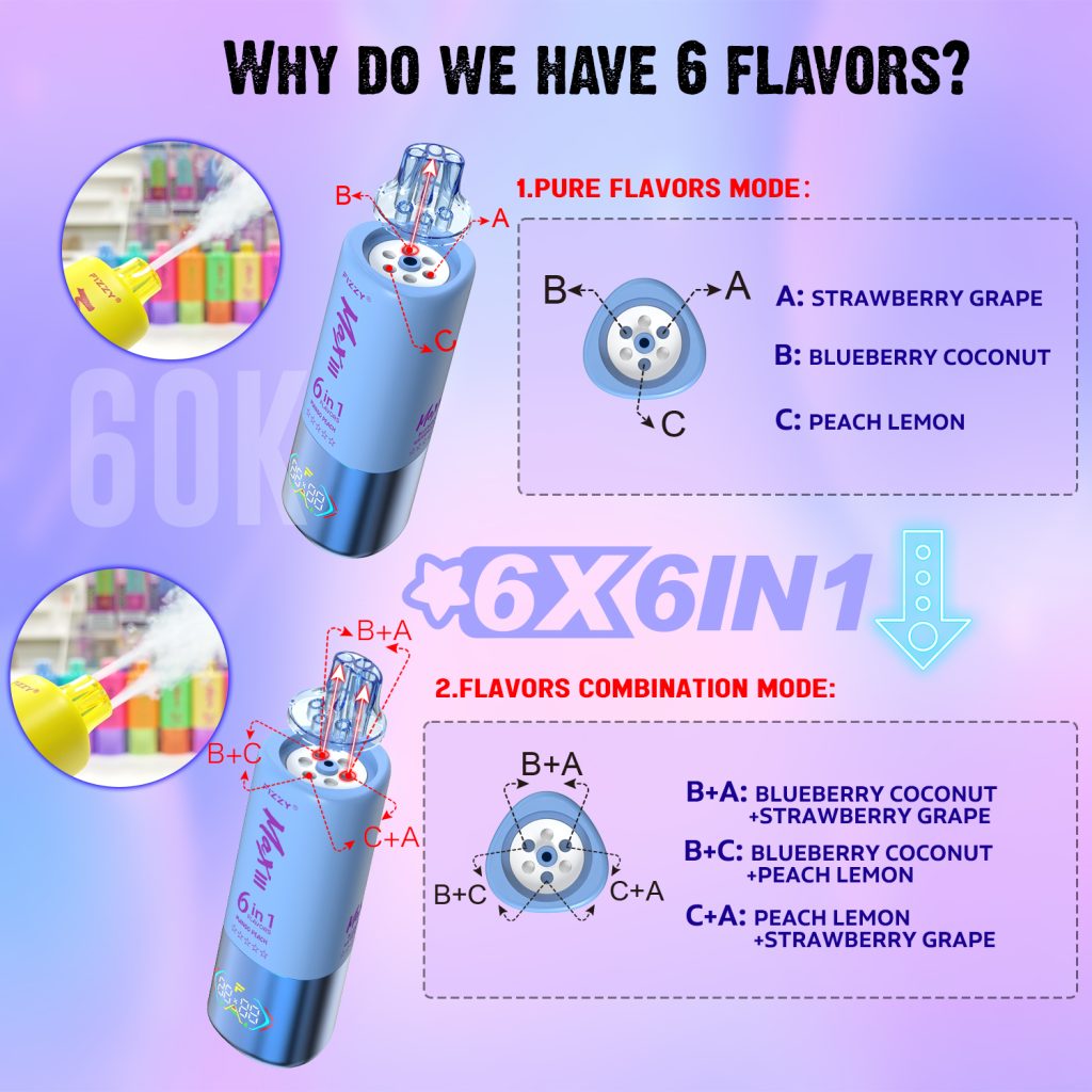 fizzy-vape.net Fizzy Max III 6in1 60K 60000 Puffs Rechargeable Disposable Vape – Strawberry Raspberry & Mango Peach & Blueberry Watermelon – 10pcs