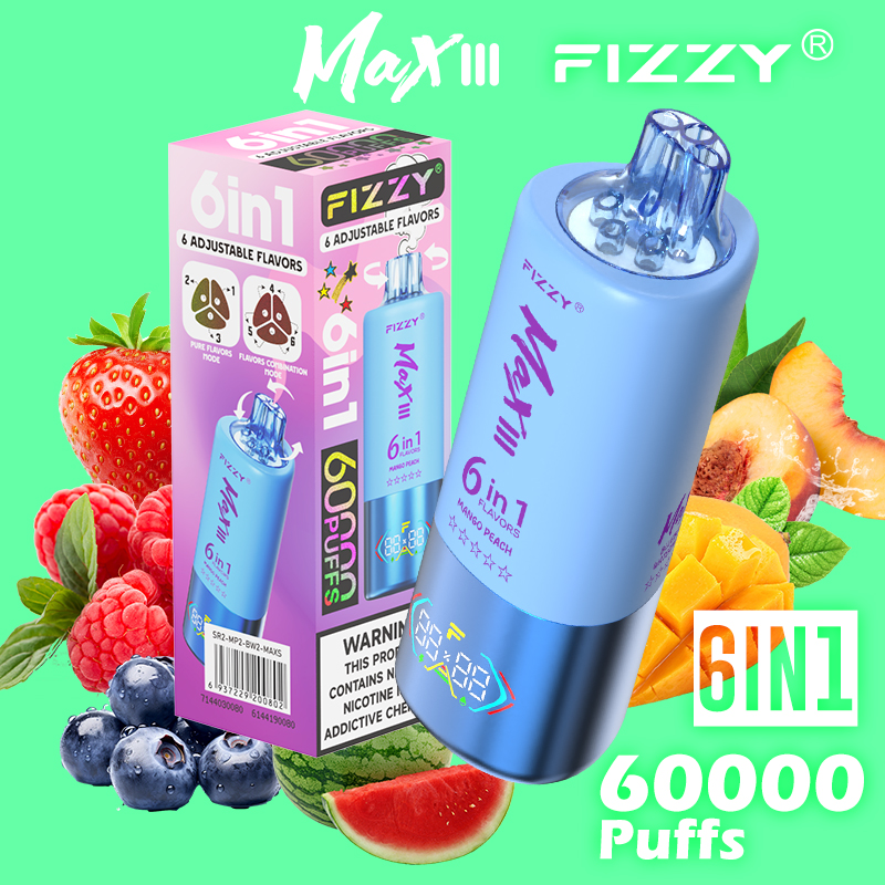 fizzy-vape.net Fizzy Max III 6in1 60K 60000 Puffs Rechargeable Disposable Vape – Strawberry Raspberry & Mango Peach & Blueberry Watermelon – 10pcs