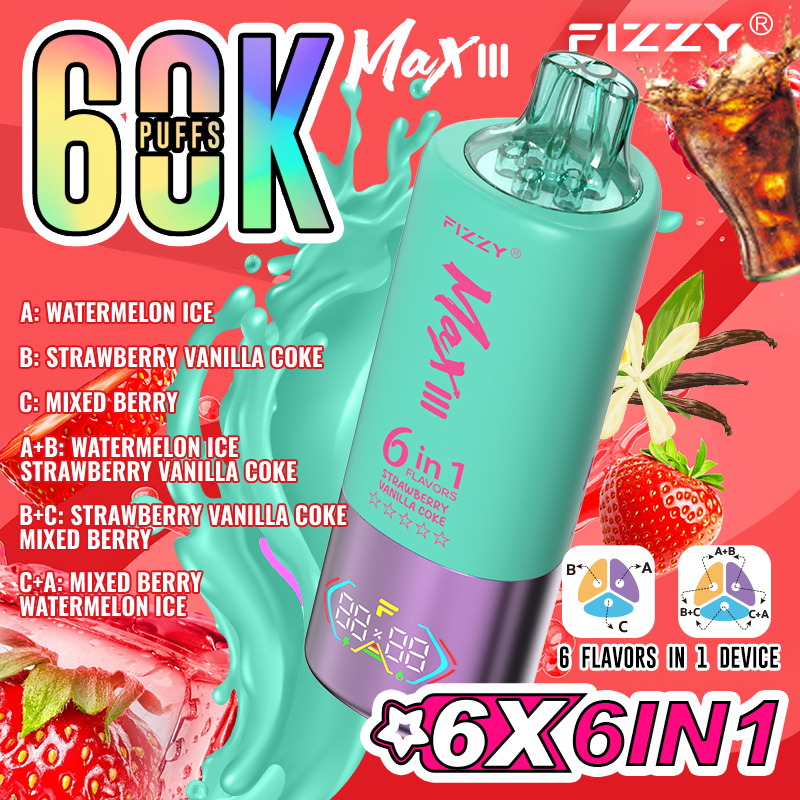 fizzy-vape.net Fizzy Max III 6in1 60K 60000 Puffs Rechargeable Disposable Vape – Watermelon Ice & Strawberry Vanilla Coke & Mixed Berry – 10pcs