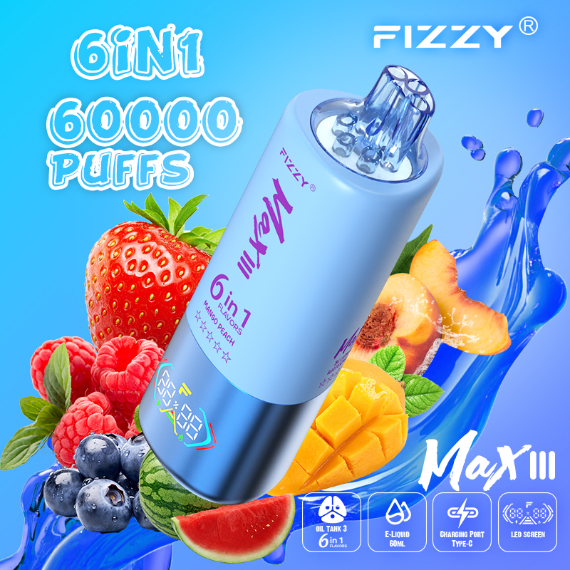 fizzy-vape.net Fizzy Max III 6in1 60K 60000 Puffs Rechargeable Disposable Vape – Strawberry Raspberry & Mango Peach & Blueberry Watermelon – 10pcs